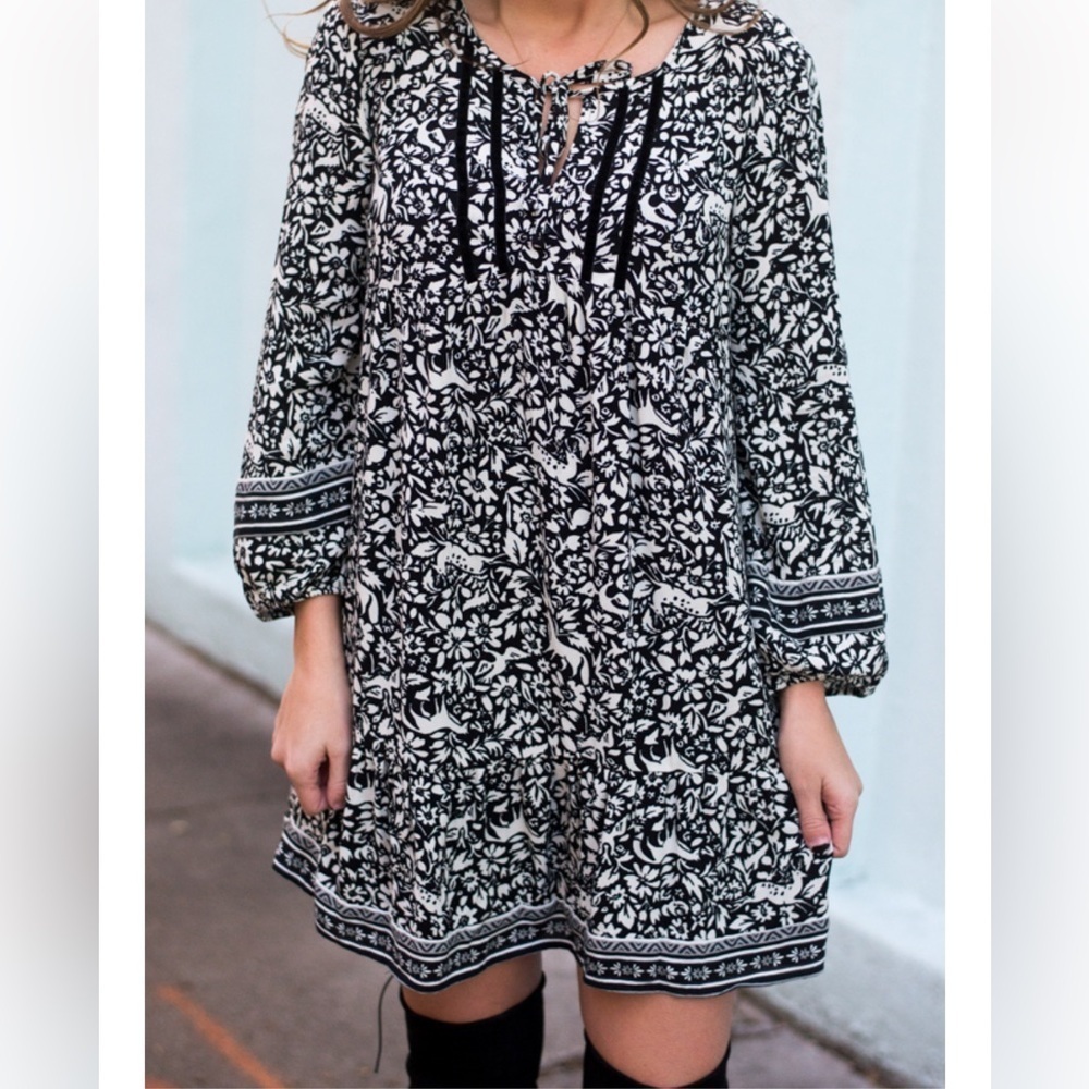 Old Navy Black White Woodland Print Whimsical Prairie Boho Dress Size Large